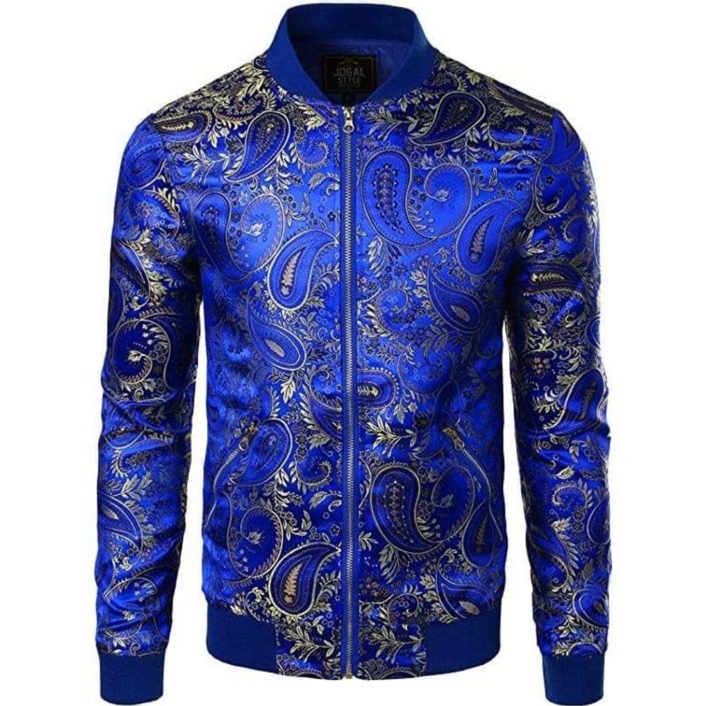 Men's Luxury Paisley Floral Embroidered Satin Bomber Jacket, Blue